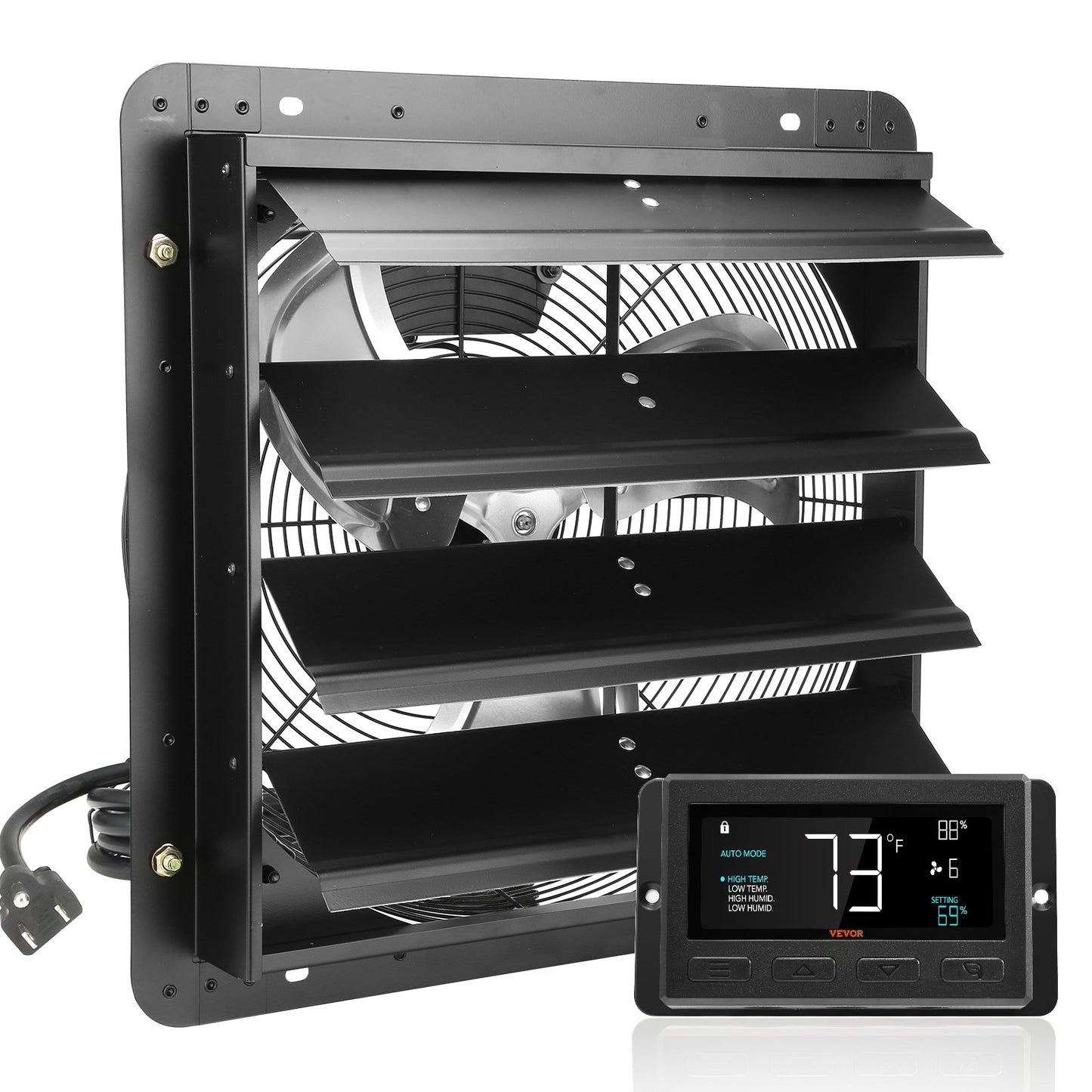 Shutter Exhaust Fan, 406 mm /16inch with Temperature Humidity Controller, EC-motor, 1747 CFM, Variable Speed Adjustable Wall Mount Attic Fan, Ventilation and Cooling for Greenhouses, Garages, Sheds
