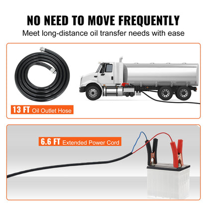 Fuel Transfer Pump, 12V DC, 10 GPM, 8 m Lift, Portable Electric Diesel Transfer Extractor Pump Kit with Automatic Shut-off Nozzle, Delivery & Suction Hose for Diesel, Kerosene, Transformer Oil