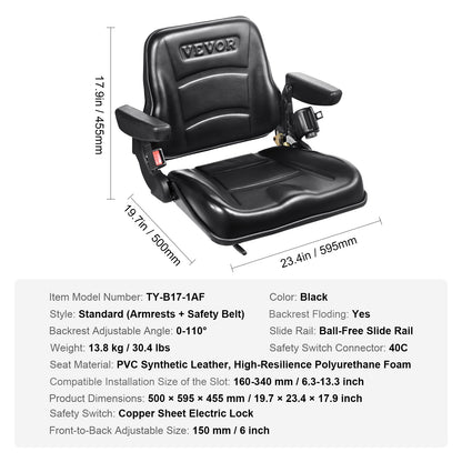 Universal Forklift Seat, Fold Down Tractor Seat with Adjustable Angle Back, Micro Switch, Seatbelt and Armrests, 16-34 cm Slot Tractor Seat for Tractor Loader Excavator
