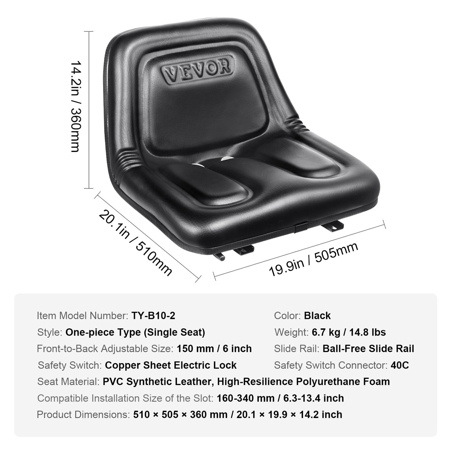 Universal Tracor Seat, Lawn Mower Seat with Micro Switch and Drainage Holes, 16-34 cm Extended Slot Tractor Seat for Tractor Loader Excavator