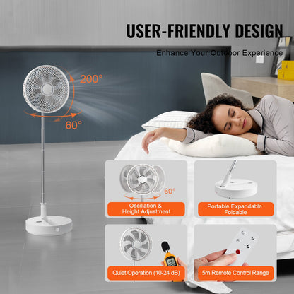 12 Inch Foldable Oscillating Standing Fan with Remote Control, 4 Speed Adjustable Portable Desk Quiet Fan, 7200mah Rechargeable USB Small Fan, Folded Rotating Floor Fan for Bedroom Office Travel