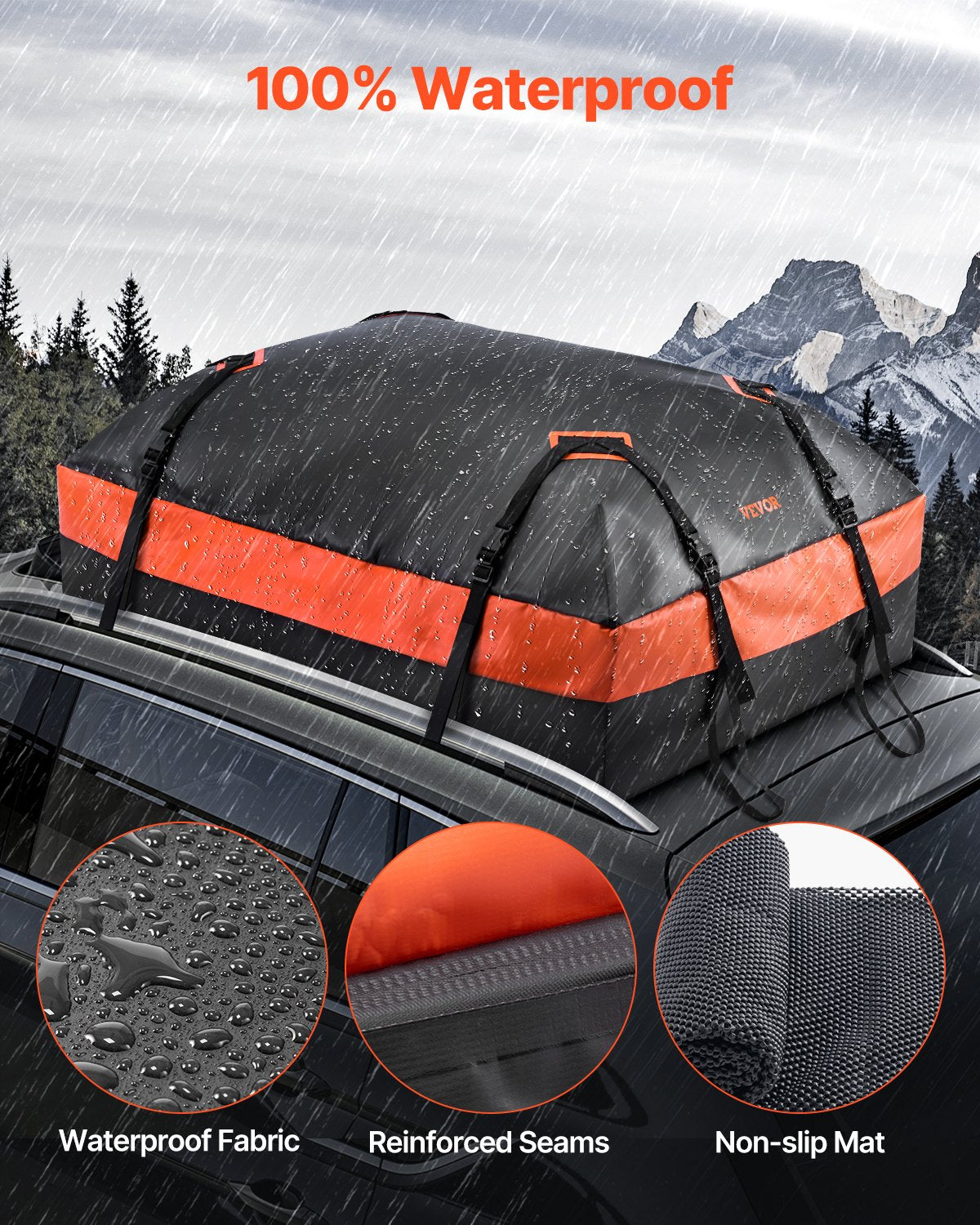 Car Rooftop Cargo Carrier Bag, 15 Cubic Feet Car Roof Cargo Carrier, 100% Waterproof Heavy Duty 840D PVC Roof Luggage Bag for All Vehicle with/without Rack- with Lock, Non-Slip Mat, 4 Door Hooks