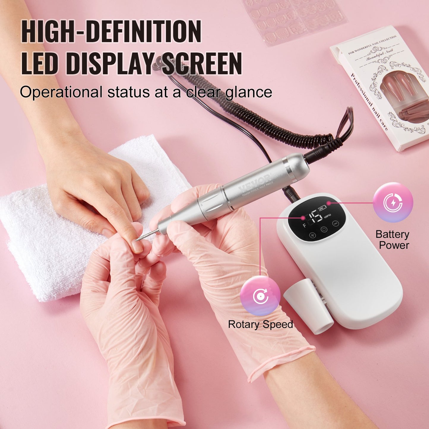 Electric Rechargeable Nail Drill, 35,000RPM Portable Cordless Nail E File Machine, LCD-Display Acrylic Gel Grinder Tool with 6 Bits and 50PCS Sanding Bands for Manicure Pedicure Carve Polish