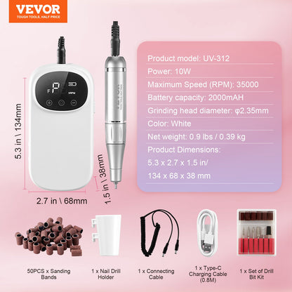 Electric Rechargeable Nail Drill, 35,000RPM Portable Cordless Nail E File Machine, LCD-Display Acrylic Gel Grinder Tool with 6 Bits and 50PCS Sanding Bands for Manicure Pedicure Carve Polish