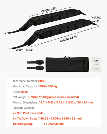 Soft Roof Rack Pads 33in 176lbs Load Capacity for Kayak Canoe Surfboard Luggage