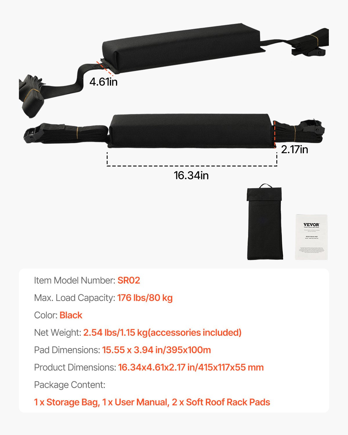 Soft Roof Rack Pads 15.5in 176lbs Load Capacity for Kayak Canoe Surfboard