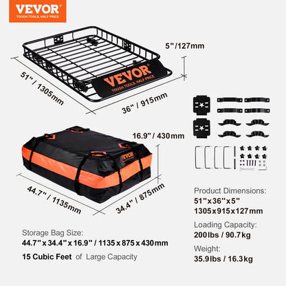 Roof Rack Cargo Basket 200 LBS 51"x36"x5" for SUV Truck with Luggage Bag