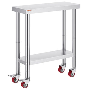 30x12x34 Inch Stainless Steel Work Table 3-Stage Adjustable Shelf with 4 Wheels Heavy Duty Commercial Food Prep Worktable with Brake for Kitchen Prep Work