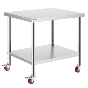 30x36x34 Inch Stainless Steel Work Table 3-Stage Adjustable Shelf with 4 Wheels Heavy Duty Commercial Food Prep Worktable with Brake for Kitchen Prep Work
