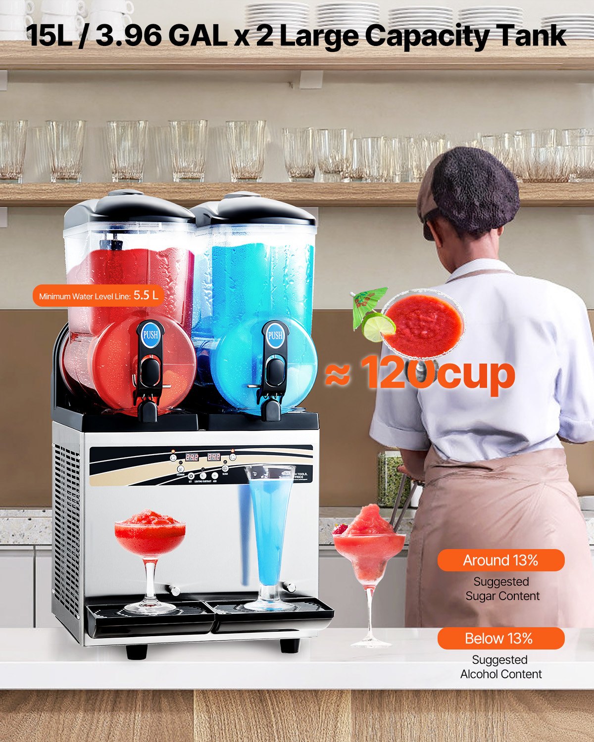 VEVOR Commercial Frozen Drink Maker, 15Lx2 Double Tank Slushy Machine, 120 Cups Stainless Steel Margarita Smoothie Frozen Drink Machine, Slushie Maker for Home Party Restaurants Cafe Bars - Factory Direct Shop