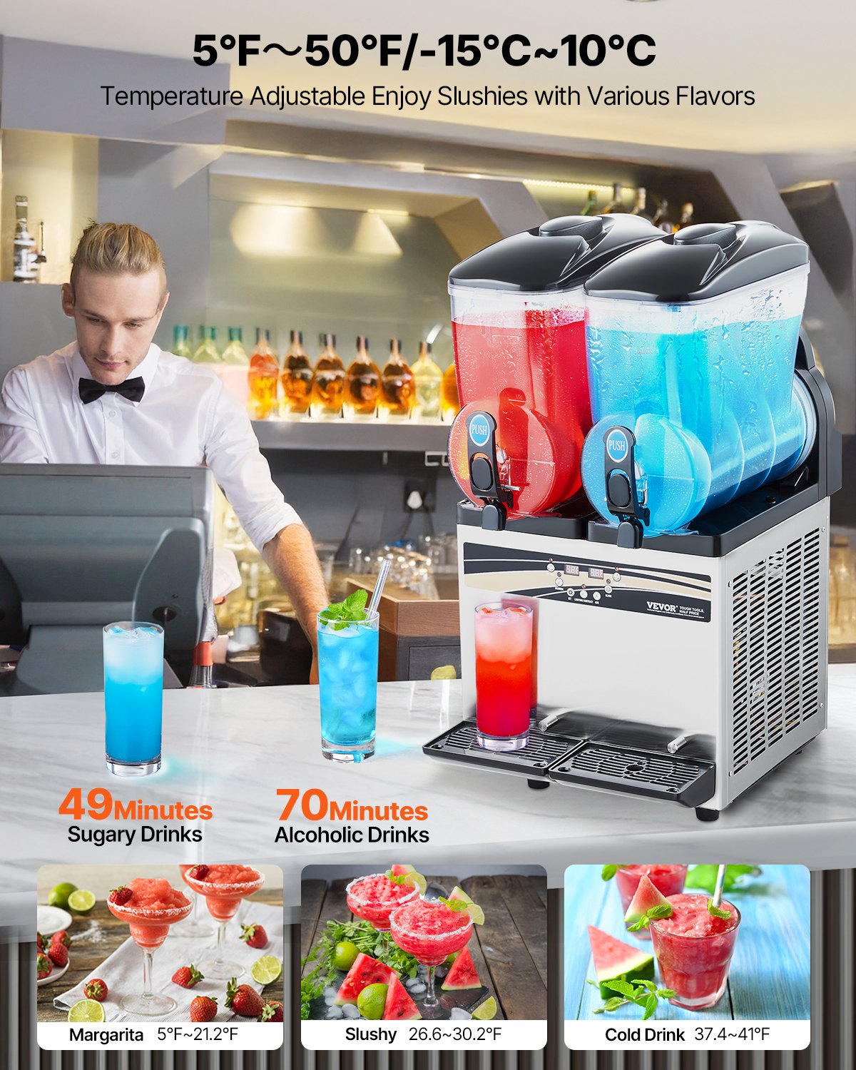 VEVOR Commercial Frozen Drink Maker, 15Lx2 Double Tank Slushy Machine, 120 Cups Stainless Steel Margarita Smoothie Frozen Drink Machine, Slushie Maker for Home Party Restaurants Cafe Bars - Factory Direct Shop