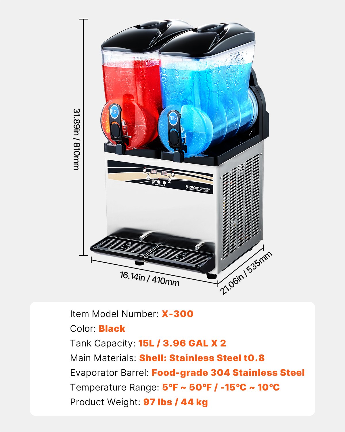 VEVOR Commercial Frozen Drink Maker, 15Lx2 Double Tank Slushy Machine, 120 Cups Stainless Steel Margarita Smoothie Frozen Drink Machine, Slushie Maker for Home Party Restaurants Cafe Bars - Factory Direct Shop