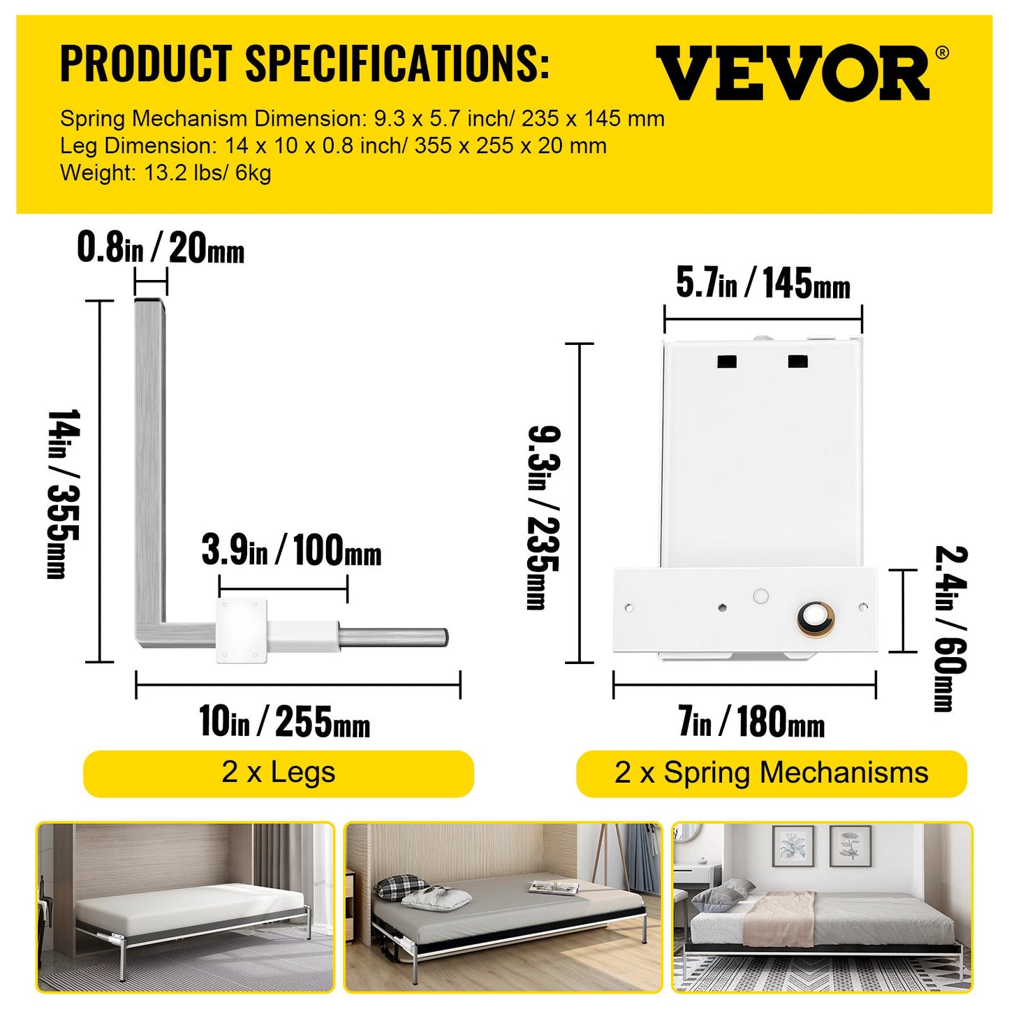 VEVOR DIY Murphy Bed Springs Mechanism Hardware Kit Horizontal for Twin Size Bed