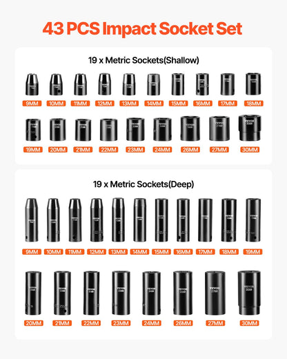 Impact Socket Set 43 Piece Impact Sockets, Standard Socket Assortment, Drive Socket Set 6-Point Sockets Metric 9-30mm (Standard/Deep)
