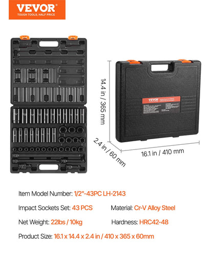 Impact Socket Set 43 Piece Impact Sockets, Standard Socket Assortment, Drive Socket Set 6-Point Sockets Metric 9-30mm (Standard/Deep)