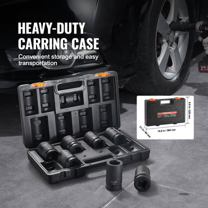 Impact Sockets Set 8pcs 6-Point 1" Drive Bit Ratchet Tool Kit Case