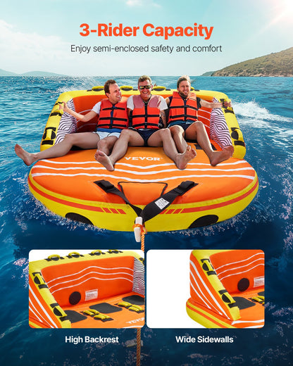 Towable Tube for Boating, 1-3 Riders Inflatable Boat Tubes and Towables, 510lbs Water Sport Towable Tube for Boat to Pull - with Full Nylon Cover, 16 Grab Handles, Dual Tow Points & Safety Valve