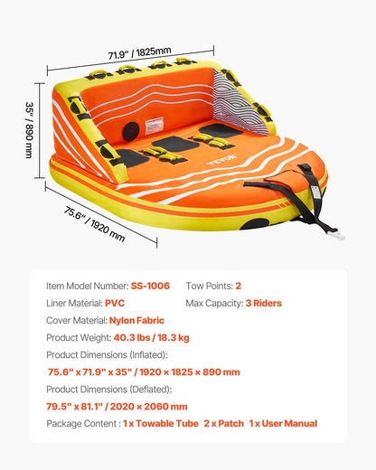 Towable Tube for Boating, 1-3 Riders Inflatable Boat Tubes and Towables, 510lbs Water Sport Towable Tube for Boat to Pull - with Full Nylon Cover, 16 Grab Handles, Dual Tow Points & Safety Valve