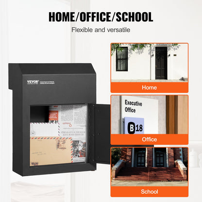 Through The Door Key Drop Box, Heavy Duty Steel Through the Door Mailbox with 1.8" 12" Key Lock, 12x6x16" Mail Drop Box, Black