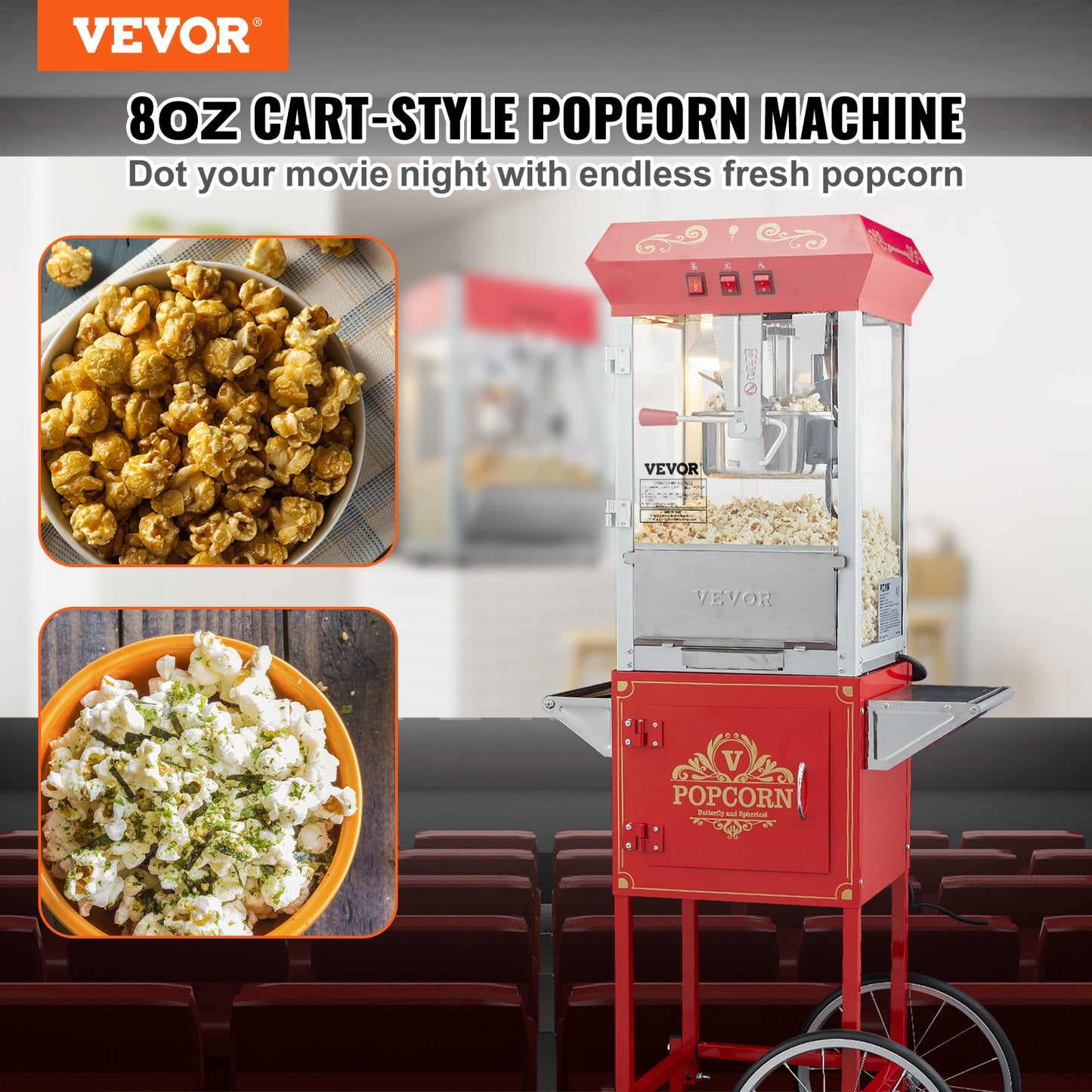 Popcorn Popper Machine with Cart Popcorn Maker 850W 8 Oz 48 Cups Red