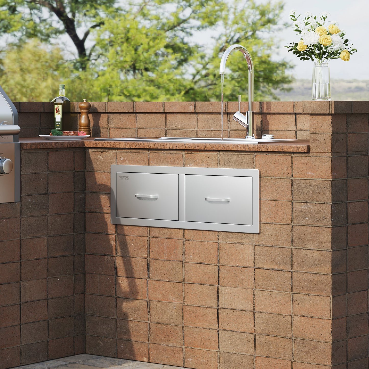 Outdoor Kitchen Drawers 30" W x 10" H x 20" D, Horizontal Double BBQ Access Drawers Stainless Steel with Handle, BBQ Island Drawers for Outdoor Kitchens or Patio Grill Station