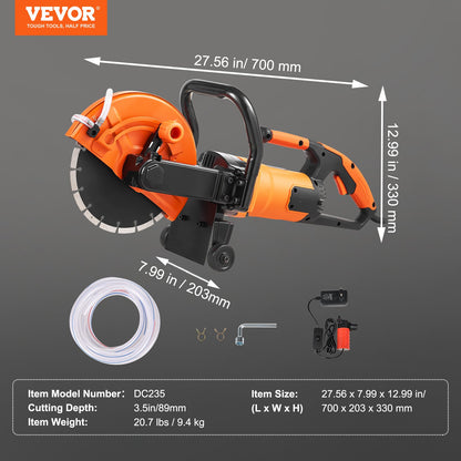 Electric Concrete Saw, 9 in, 2000 W 15 A Motor Circular Saw Cutter with 3.5 in Cutting Depth, Wet/Dry Disk Saw Cutter Includes Water Line, Pump and Blade, for Stone, Brick