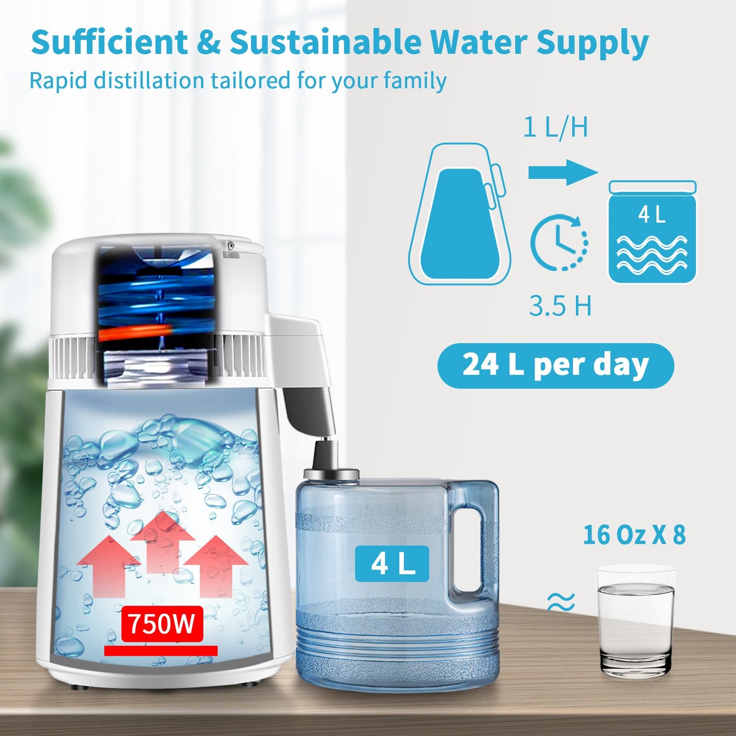 4L Water Distiller 1L/H Distilled Water Maker Timing & Temp Display White