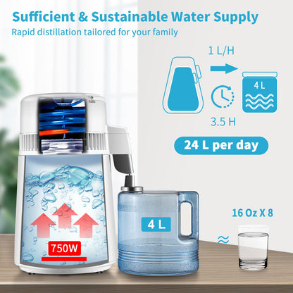 4L Water Distiller 1L/H Distilled Water Maker Timing & Temp Display White