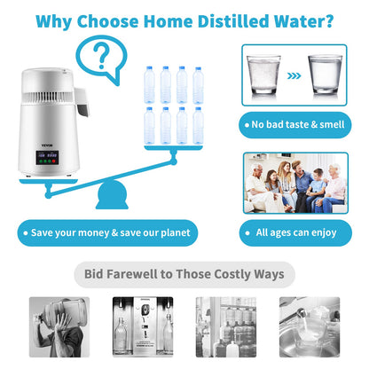 4L Water Distiller 1L/H Distilled Water Maker Timing & Temp Display White