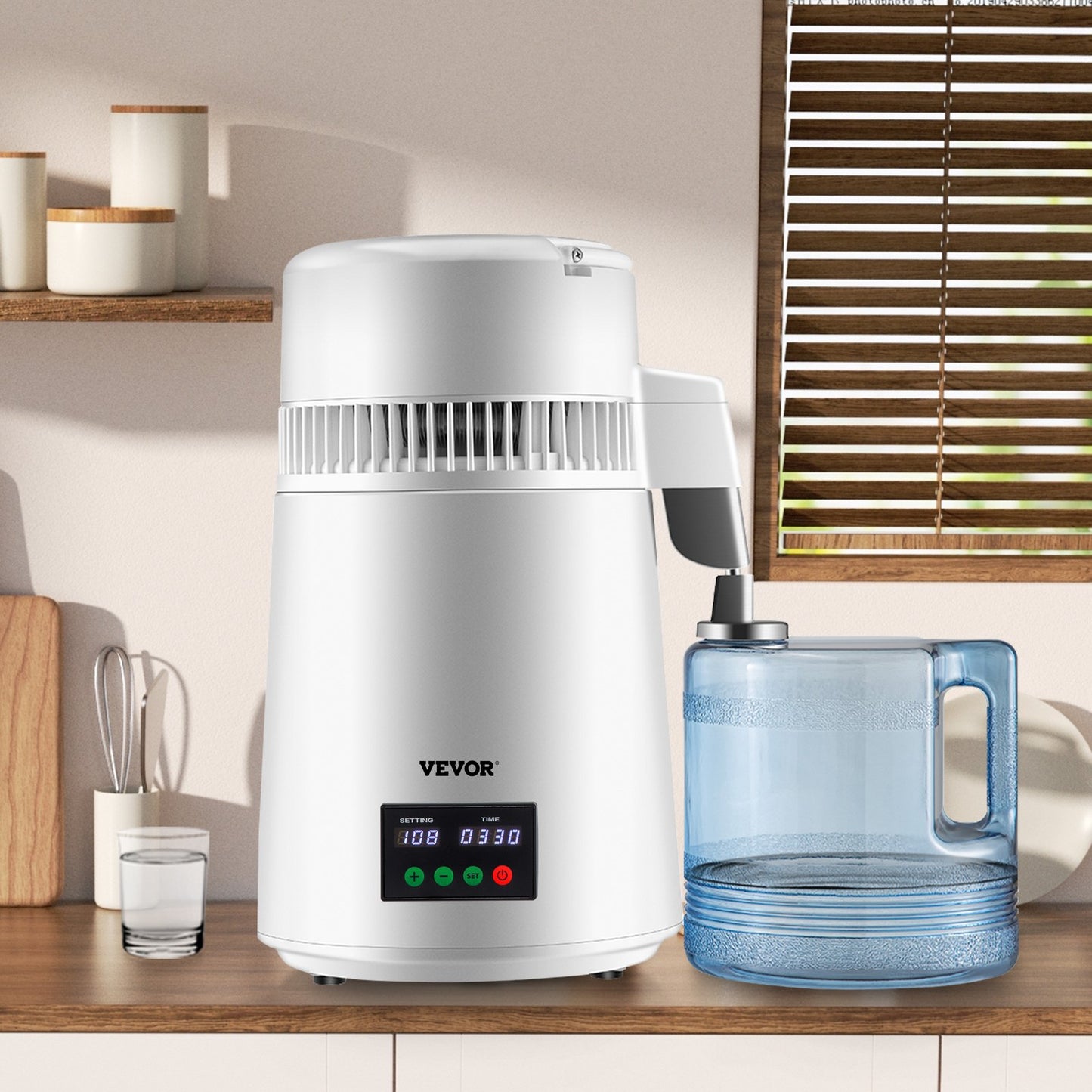 4L Water Distiller 1L/H Distilled Water Maker Timing & Temp Display White