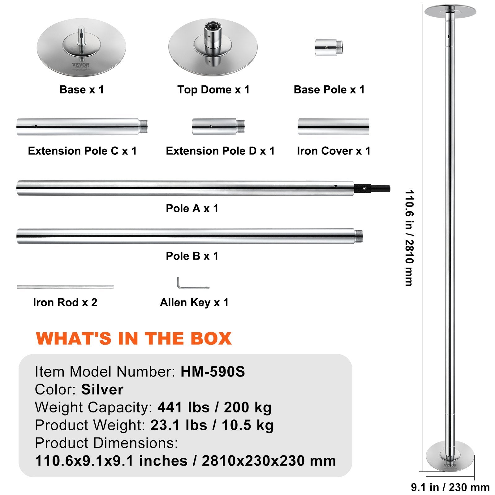Detailed list of components and product information for Pole Dancing Poles with dimensions and weight details.