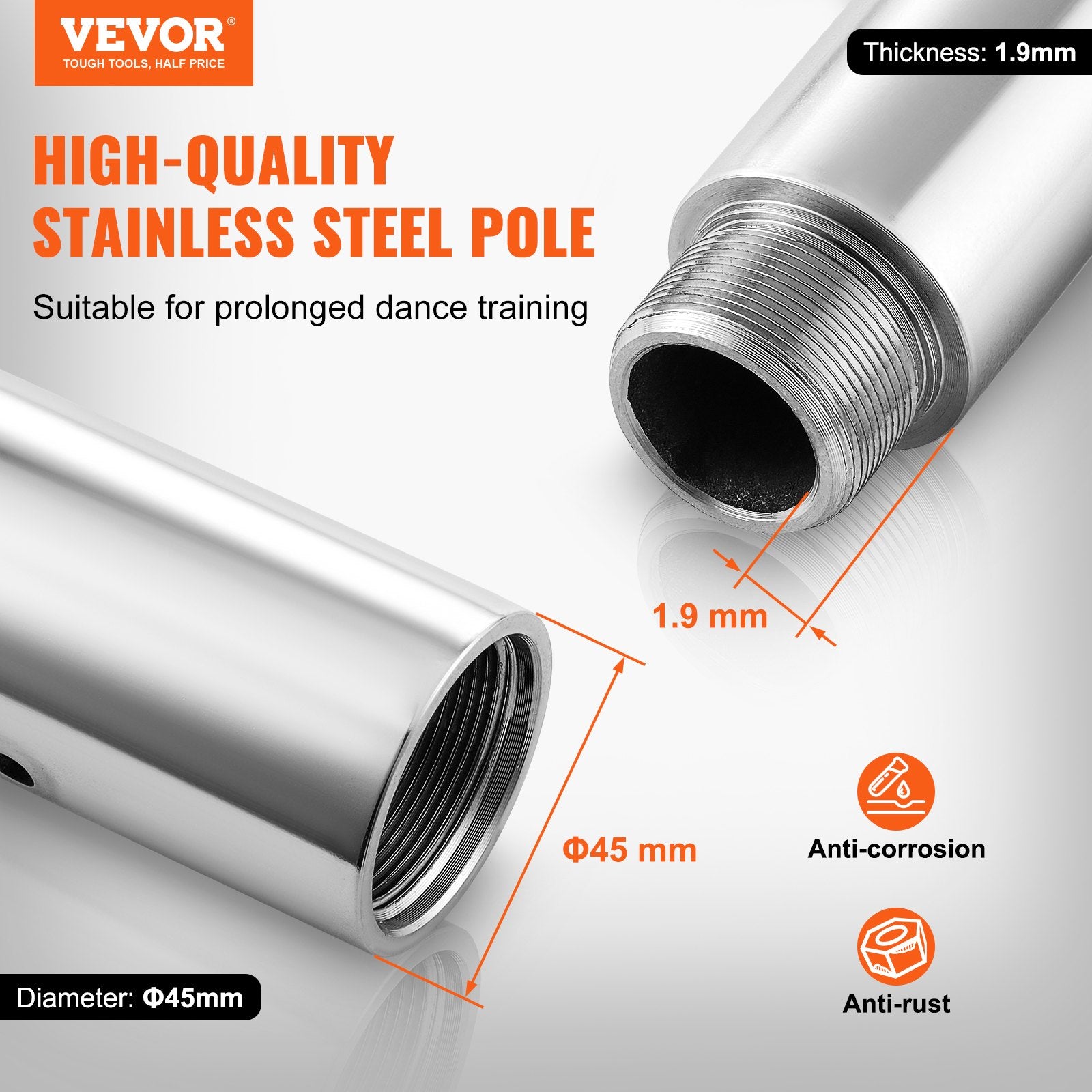 High-quality stainless steel Pole Dancing Pole with dimensions and VEVOR branding on a gray background