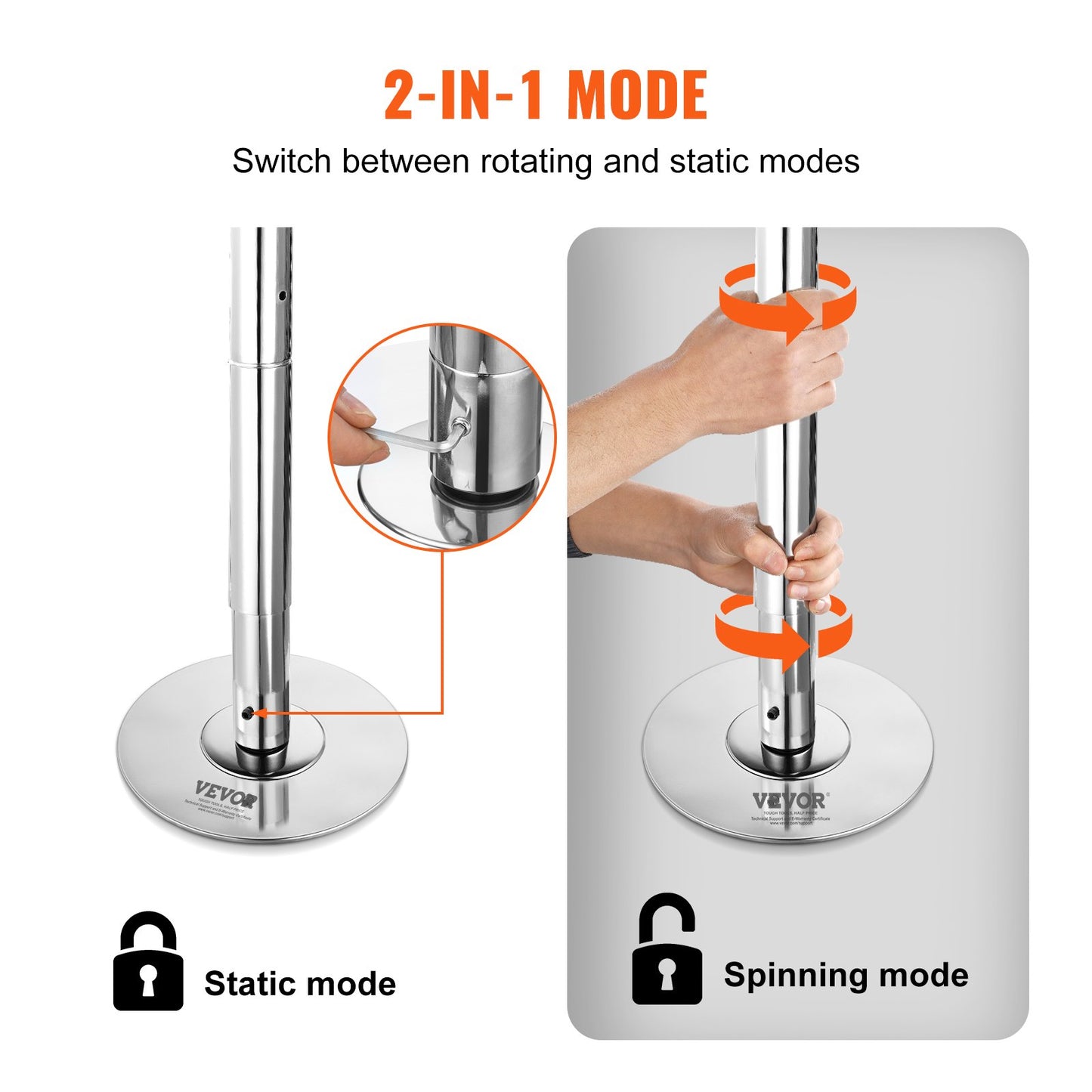 2-in-1 mode switch for a Pole Dancing Pole with Vevor branding, showing static and spinning modes.