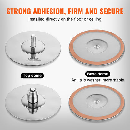 Four circular components labelled 'Top dome' and 'Base dome' with text about adhesion and stability on a grey background. for Pole Dancing Pole