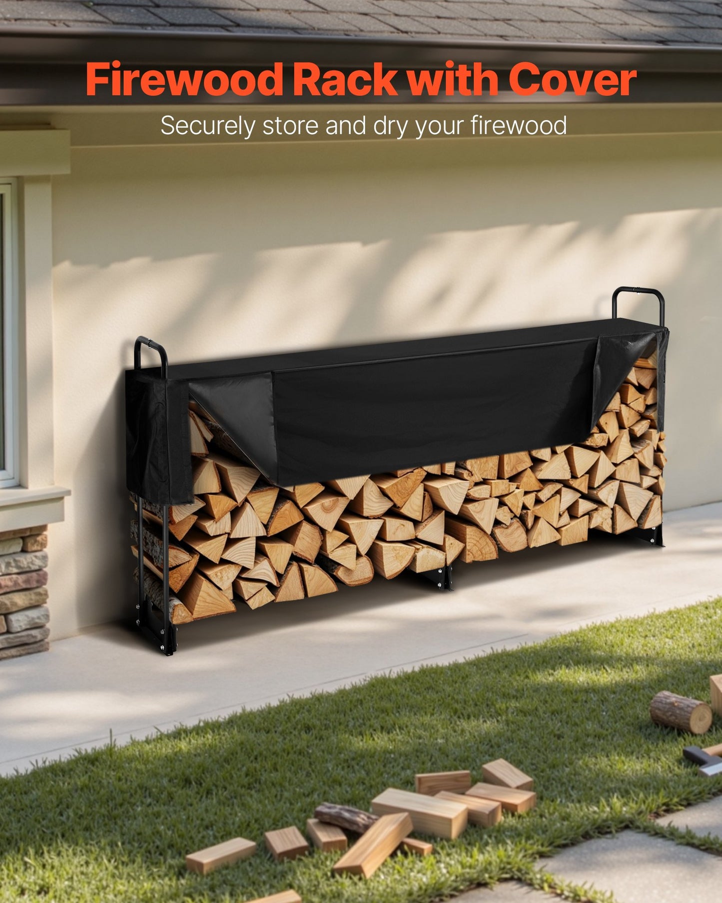 VEVOR Firewood Rack with Waterproof Cover, 257 x 36 x 117 cm Outdoor Firewood Holder, 660lb Weight Capacity, 1/2 Cord Log Holder, Half - Covered, Powder - coated Wood Storage Rack for Fireplace Deck - Factory Direct Shop