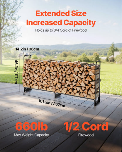 VEVOR Firewood Rack with Waterproof Cover, 257 x 36 x 117 cm Outdoor Firewood Holder, 660lb Weight Capacity, 1/2 Cord Log Holder, Half - Covered, Powder - coated Wood Storage Rack for Fireplace Deck - Factory Direct Shop