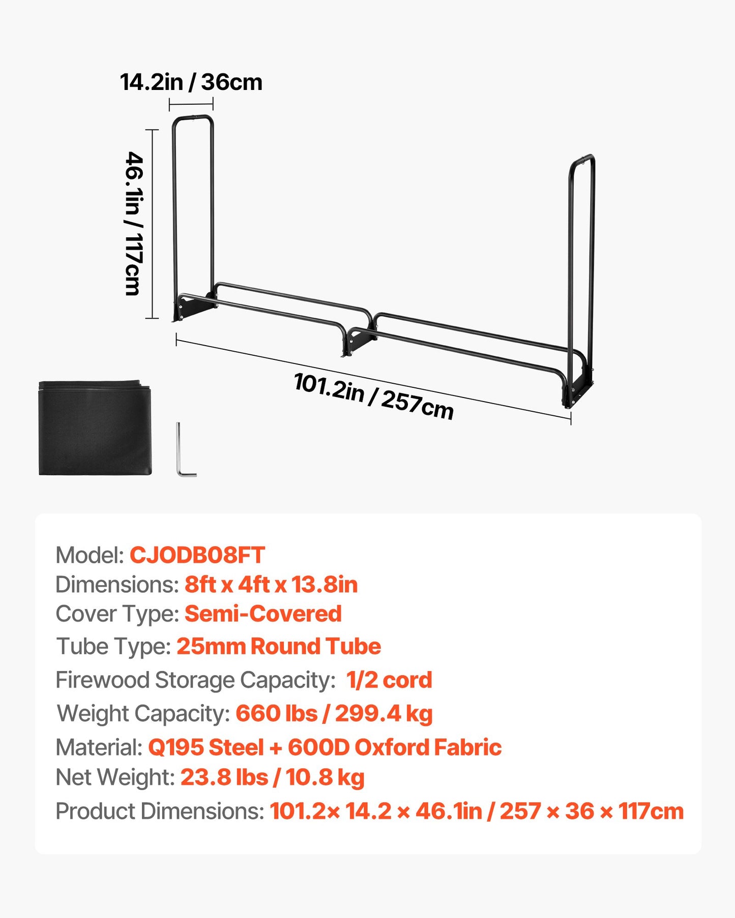 VEVOR Firewood Rack with Waterproof Cover, 257 x 36 x 117 cm Outdoor Firewood Holder, 660lb Weight Capacity, 1/2 Cord Log Holder, Half - Covered, Powder - coated Wood Storage Rack for Fireplace Deck - Factory Direct Shop