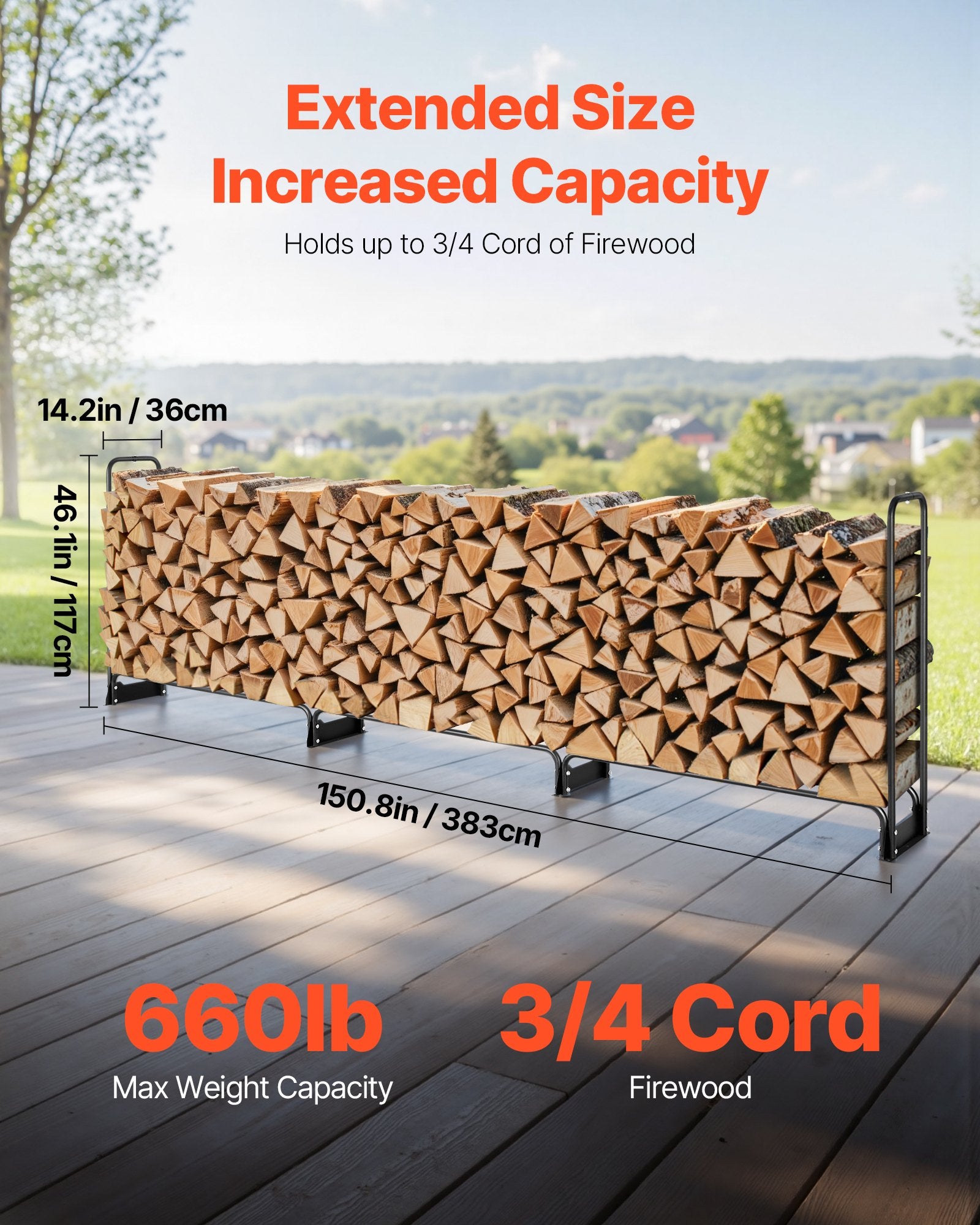 VEVOR Firewood Rack with Waterproof Cover, 383 x 36 x 117 cm Outdoor Firewood Holder, 660lb Weight Capacity, 1/2 Cord Log Holder, Half - Covered, Powder - coated Wood Storage Rack for Fireplace Deck - Factory Direct Shop