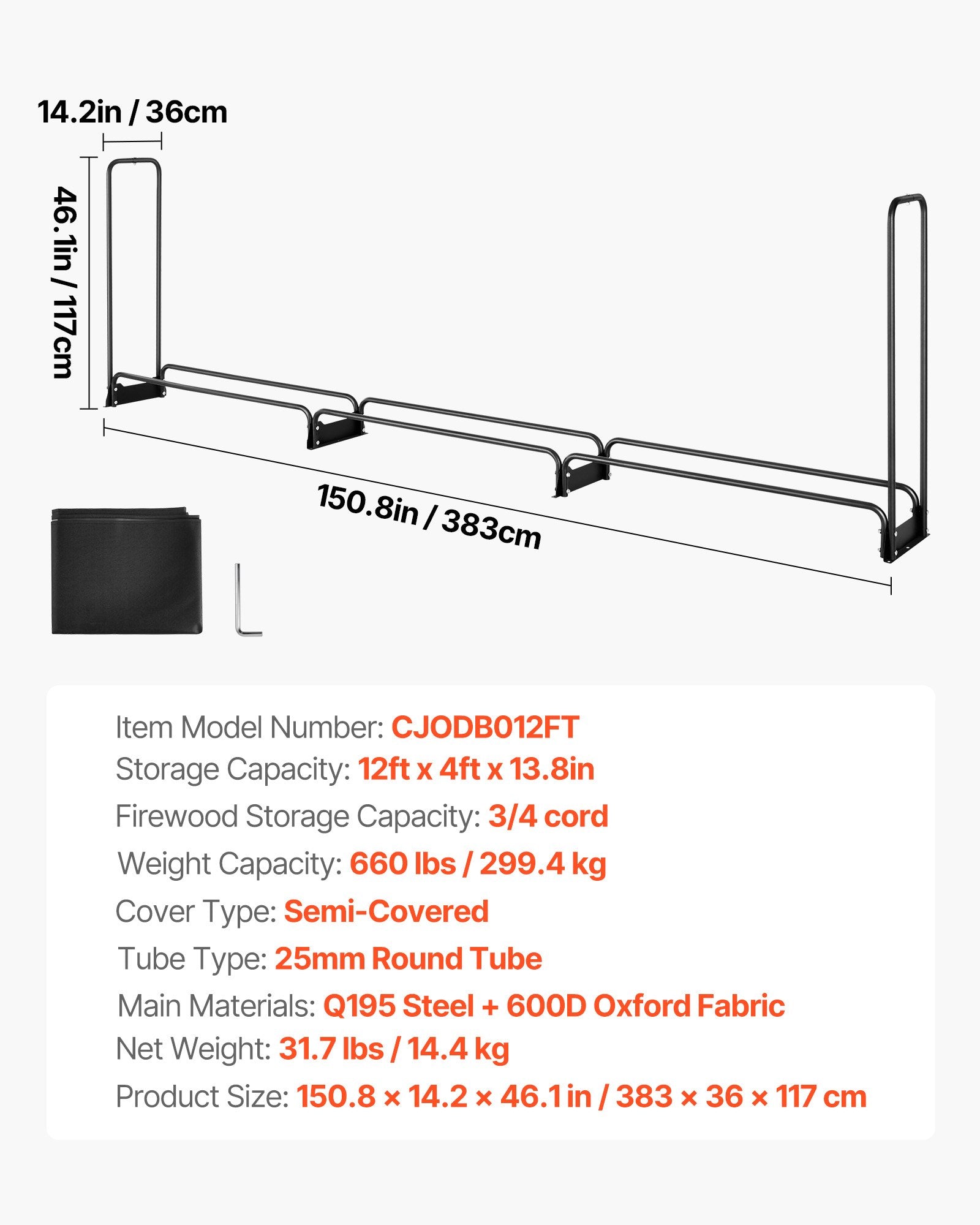 VEVOR Firewood Rack with Waterproof Cover, 383 x 36 x 117 cm Outdoor Firewood Holder, 660lb Weight Capacity, 1/2 Cord Log Holder, Half - Covered, Powder - coated Wood Storage Rack for Fireplace Deck - Factory Direct Shop