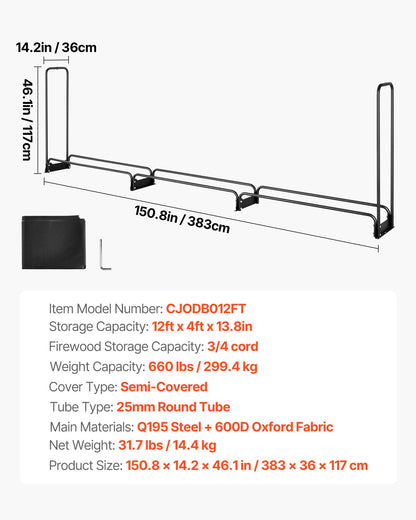 VEVOR Firewood Rack with Waterproof Cover, 383 x 36 x 117 cm Outdoor Firewood Holder, 660lb Weight Capacity, 1/2 Cord Log Holder, Half - Covered, Powder - coated Wood Storage Rack for Fireplace Deck - Factory Direct Shop