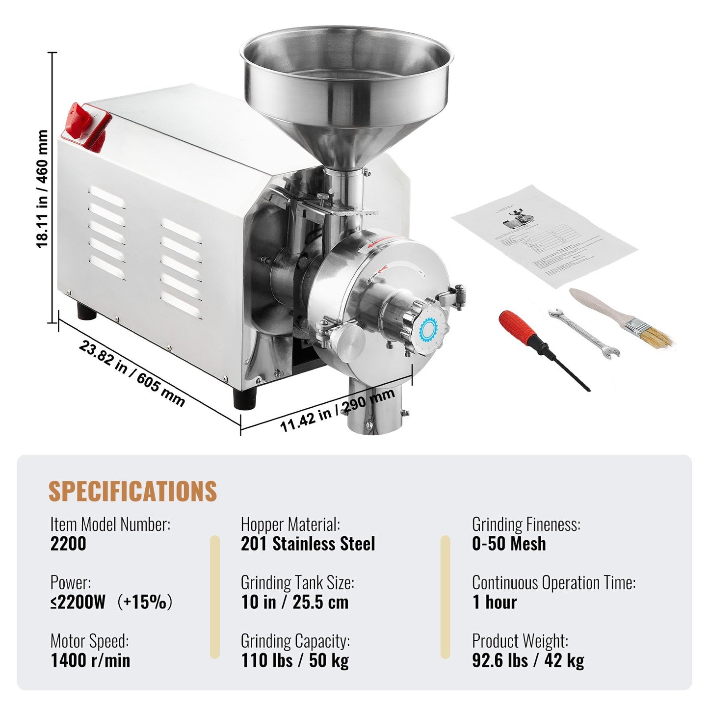 Grain Grind Mill Grain Grinding Machine 2200W Food Processing Machinery
