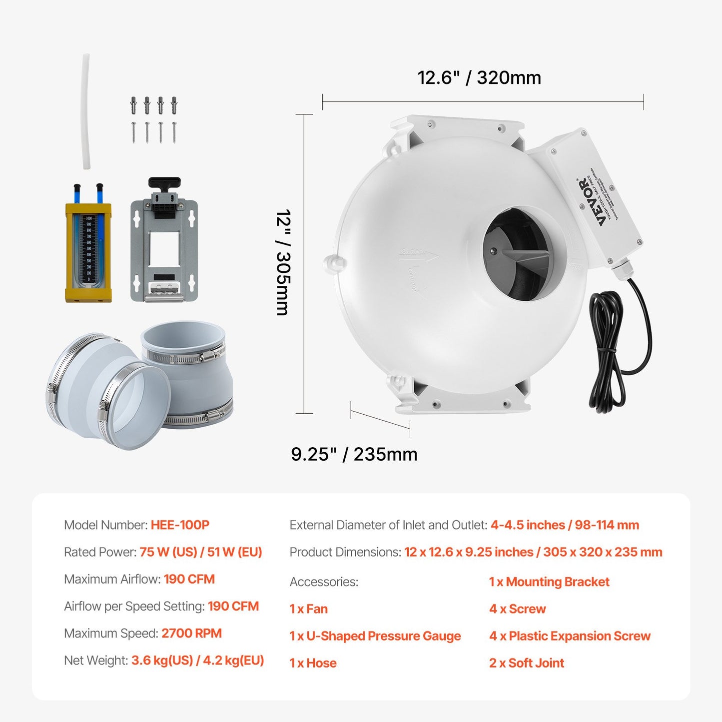 4" to 4.5" Radon Mitigation Fan System Kit Quiet 190 CFM Inline Duct Fan