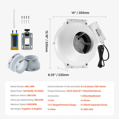6" to 4.5" Radon Mitigation Fan System Kit Quiet 380 CFM Inline Duct Fan