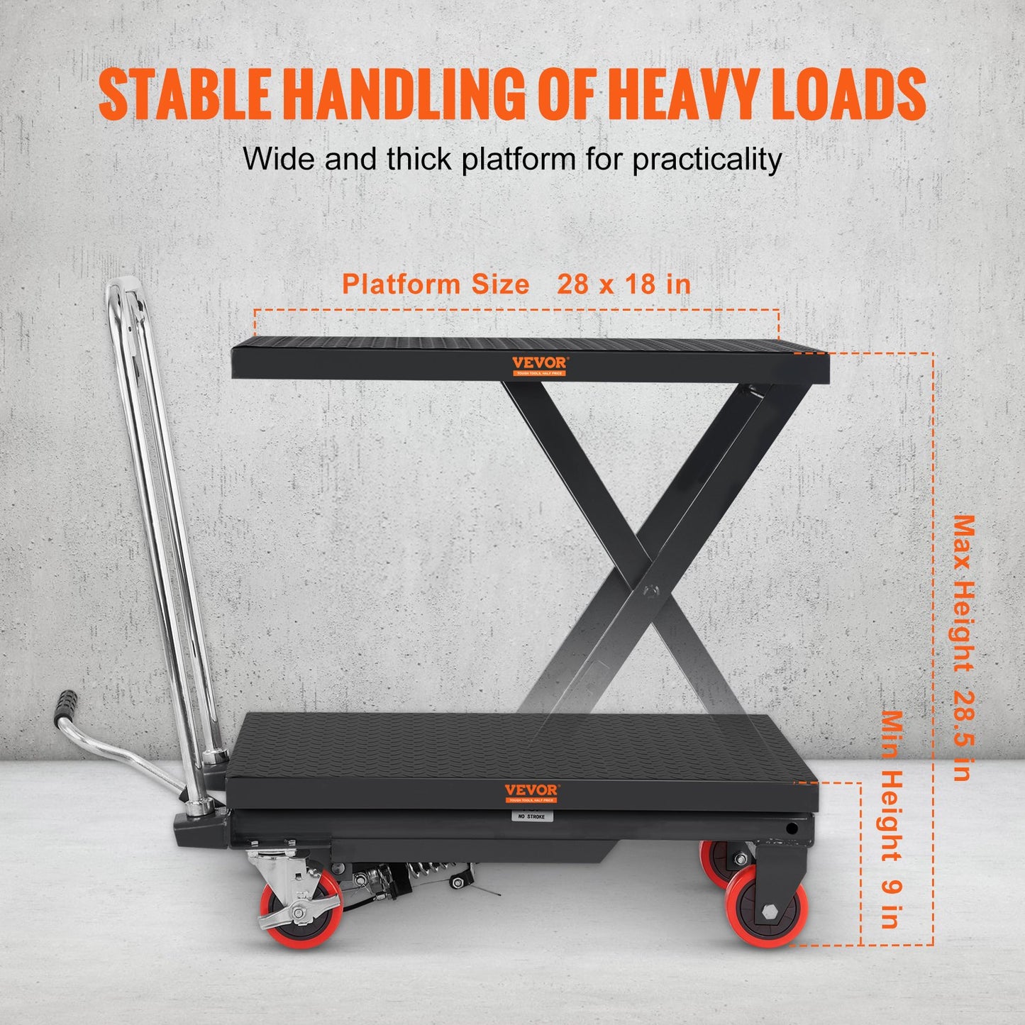 Hydraulic Lift Table Cart, 330lbs Capacity 28.5" Lifting Height, Manual Single Scissor Lift Table with 4 Wheels and Non-slip Pad, Hydraulic Scissor Cart for Material Handling, Black
