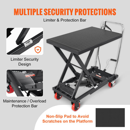 Hydraulic Lift Table Cart, 330lbs Capacity 28.5" Lifting Height, Manual Single Scissor Lift Table with 4 Wheels and Non-slip Pad, Hydraulic Scissor Cart for Material Handling, Black