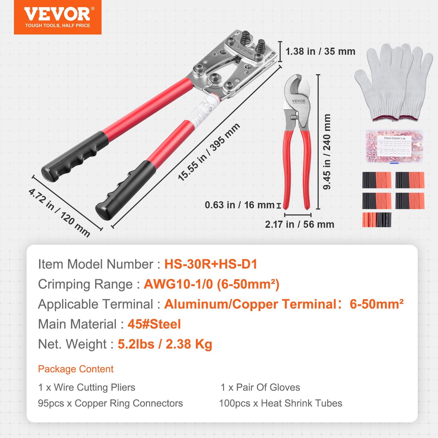 Battery Cable Lug Crimping Tool, 10-1/0AWG with Cable Cutter and 95PCS Copper Ring Terminals, 6 Wire Sizes Crimping Die and 100pcs Heat Shrink Tubes, for Heavy Duty Wire Lugs