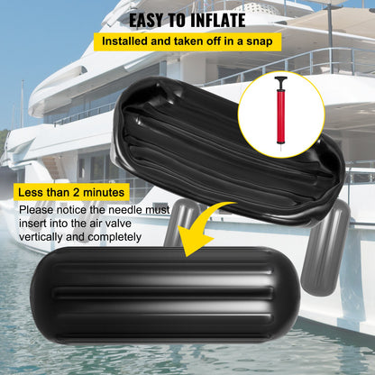 Boat Fenders, 10" x 28" Ribbed Fender, 4 Pack Boat Bumpers, Hole Through Middle Ribbed Inflatable Boat Fender with 4 Ropes, for Pontoon Boat Sailboat, Ski Boat, Black