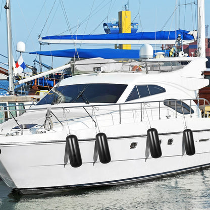 Boat Fenders, 10" x 28" Ribbed Fender, 4 Pack Boat Bumpers, Hole Through Middle Ribbed Inflatable Boat Fender with 4 Ropes, for Pontoon Boat Sailboat, Ski Boat, Black