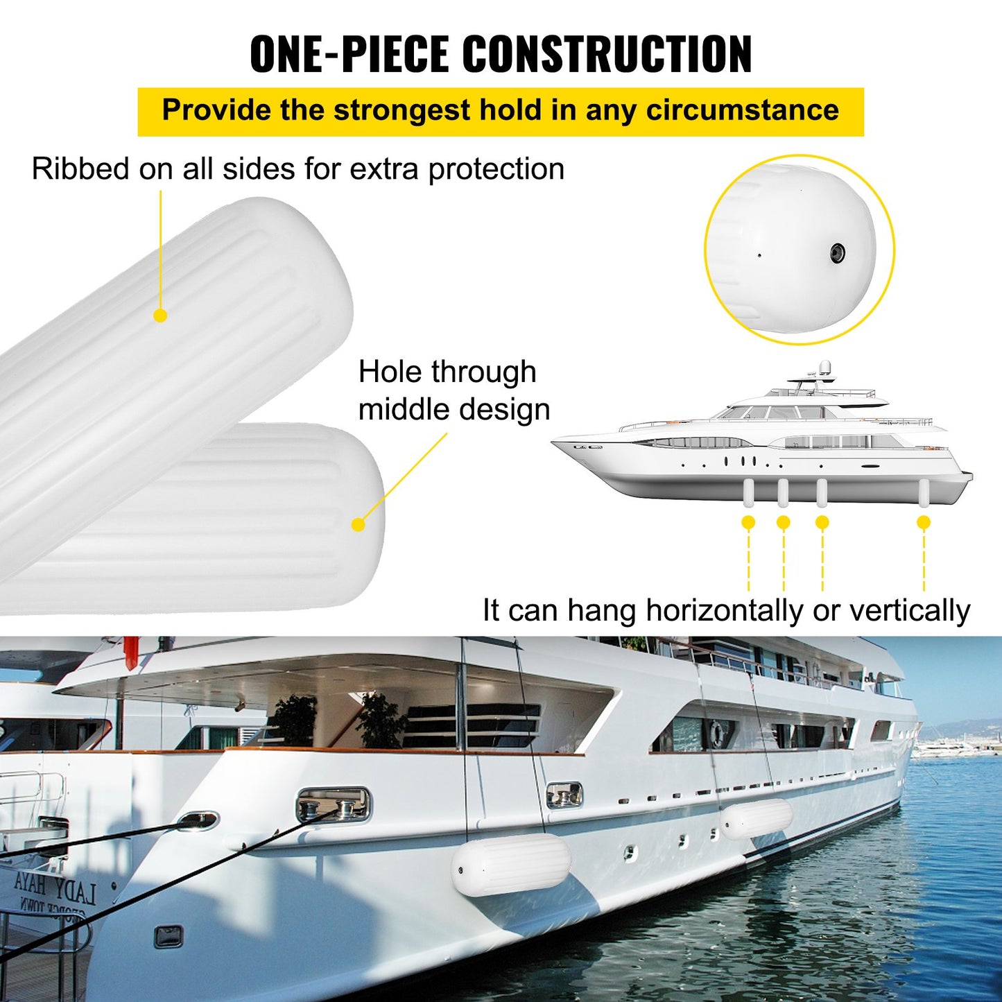 4 Ribbed Boat Fender 10" x 28" White Center Hole Bumper Mooring Protection