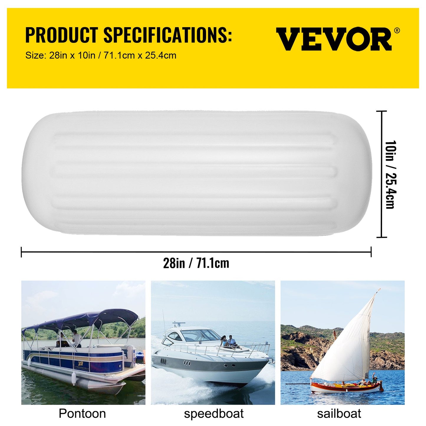 4 Ribbed Boat Fender 10" x 28" White Center Hole Bumper Mooring Protection